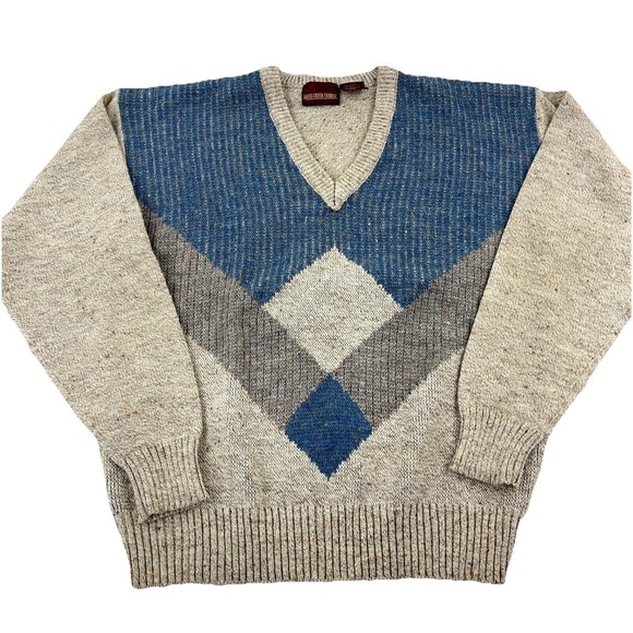 Moss Creekl Trader Other - Vintage Grandpa Sweater Men XL Tan Blue Woll Blend Knit V Neck 90s Diamond